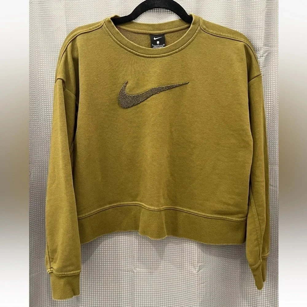 Nike Green Sherpa textured big logo Oversized Cropped Crew neck Sweatshirt